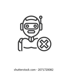 Robot con icono de línea cruzada. signo de estilo lineal para concepto móvil y diseño web. Icono de vector de contorno incorrecto de robot. Símbolo, ilustración del logotipo. Gráficos vectoriales