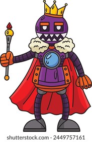 Robot with a Crown and Scepter Cartoon Clipart