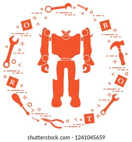 Robot, cubes with letters, toy tools (screwdriver, wrench, screw, hammer). Toys for children. Robotics, technologies. Design for banner, poster or print.