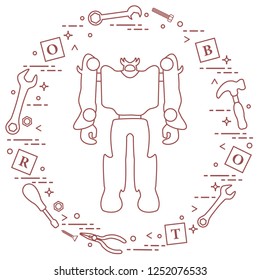 Robot, cubes with letters, toy tools (screwdriver, wrench, screw, hammer). Toys for children. Robotics, technologies. Design for banner, poster or print.