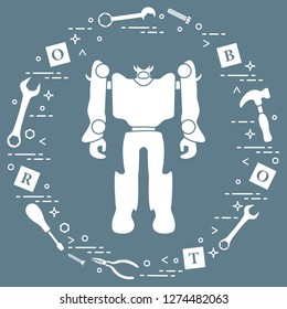 Robot, cubes with letters, toy tools (screwdriver, wrench, screw, hammer). Toys for children. Robotics, technologies. Design for banner, poster or print.