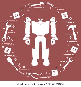 Robot, cubes with letters, toy tools (screwdriver, wrench, screw, hammer). Toys for children. Robotics, technologies. Design for banner, poster or print.