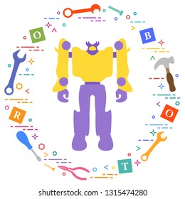 Robot, cubes with letters, toy tools (screwdriver, wrench, screw, hammer). Toys for children. Robotics, technologies. Design for banner, poster or print.