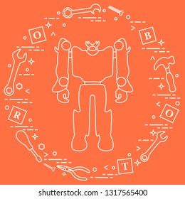 Robot, cubes with letters, toy tools (screwdriver, wrench, screw, hammer). Toys for children. Robotics, technologies. Design for banner, poster or print.