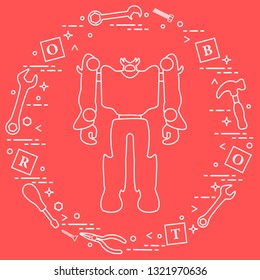 Robot, cubes with letters, toy tools (screwdriver, wrench, screw, hammer). Toys for children. Robotics, technologies. Design for banner, poster or print.