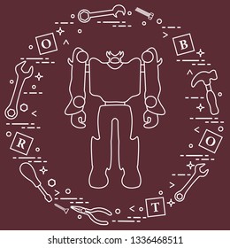 Robot, cubes with letters, toy tools (screwdriver, wrench, screw, hammer). Toys for children. Robotics, technologies. Design for banner, poster or print.