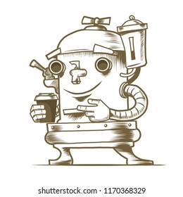 A robot with a cup of coffee in his hand.