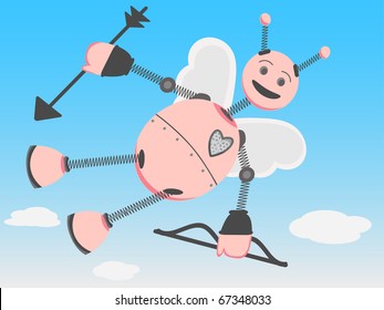 Robot Cupid springy robot flies joyful past clouds with arrow and bow at ready, editable vector illustration