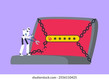 robot cut chain on laptop cyber security system data safe concept vector illustration