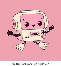 Robot. Cute artificial robotic character. Hand drawn Vector illustration. Futuristic retro androids. Cartoon style. Isolated design elements. 