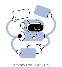 Robot con caras de pantalla lindas y tarjetas o tablets. Asistentes futuristas inteligentes en el trabajo o en la educación. Tecnología de IA. Máquinas de tipo humano con inteligencia artificial. Ilustración vectorial plana aislada