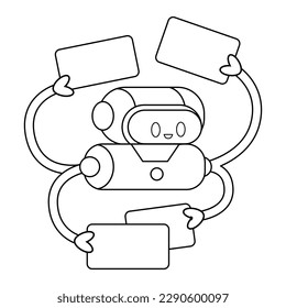 Robot with cute screen faces and cards or tablets. Futuristic smart assistants at work or education. AI technology. Human-like machines artificial intelligence. Isolated outline vector illustration