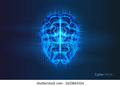 Robot or cyber brain with geometry dots. Circuit board on human or artificial intelligence digital mind, polygonal neural network on glowing cyberbrain. Future technology concept