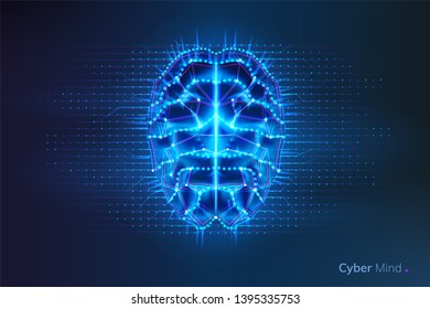 Robot or cyber brain with geometry lines and dots. Circuit board on human or artificial intelligence digital mind, polygonal neural network on glowing cyberbrain. Future technology concept