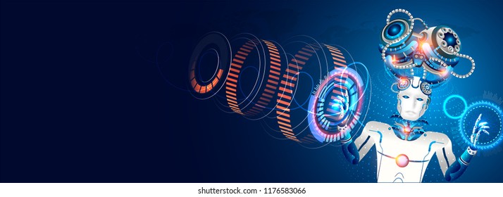 Robot cybernetic organism work with a virtual HUD interface in augmented reality or Artificial Intelligence(AI) concept.