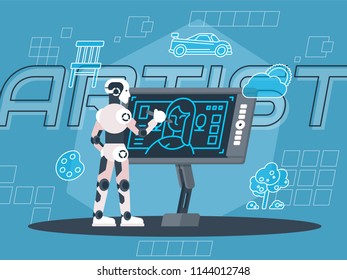 Robot cybernetic organism works with a virtual interface in augmented reality. Future concept.