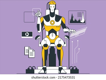 Robot cybernetic organism works with a virtual HUD interface in augmented reality. Humanoid robot with a plastic face presses the button on the digital screen. Future concept. AI robot