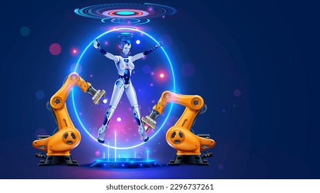 Robot cyborg with AI assembling on factory. Automation manufacturing, industry 4.0 concept. Artificial intelligence control industrial robotic arms on on robots factory. Modern technology of industry