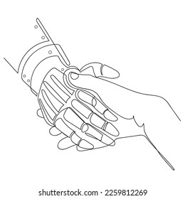 Robot or cyborg arm and hand human handshake continuous line drawing vector line icon logo template.Touch Technological concept.Cyber communication and robotic.Biomechanical hand,modern prosthetics