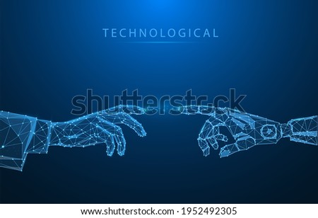 Robot or cyborg arm and hand human. Touch Technological concept. Low poly blue. Polygonal abstract health illustration. Low poly vector illustration of a starry sky or Cosmos.
