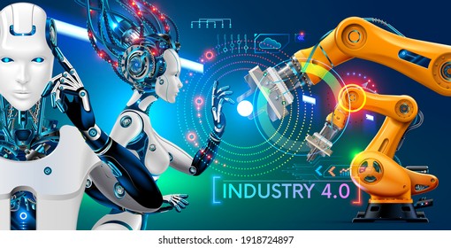 Robot Or Cyborg With Artificial Intelligence Controls Manipulator Arms On Factory Or Manufacture. Industry 4.0.  AI Technology In Industrial Revolution. Orange Robotic Mechanical Hands. Abstract Hud.