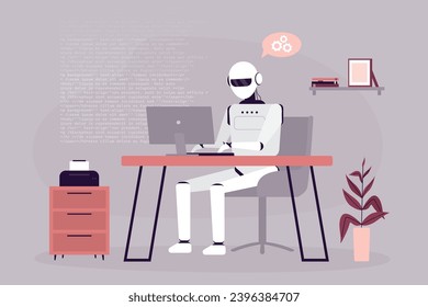 Robot cyborg with artificial intelligence sits at workplace. Bot replaced people and employees in office. Robot writes texts or program code. Technology changing business and computer industry. vector