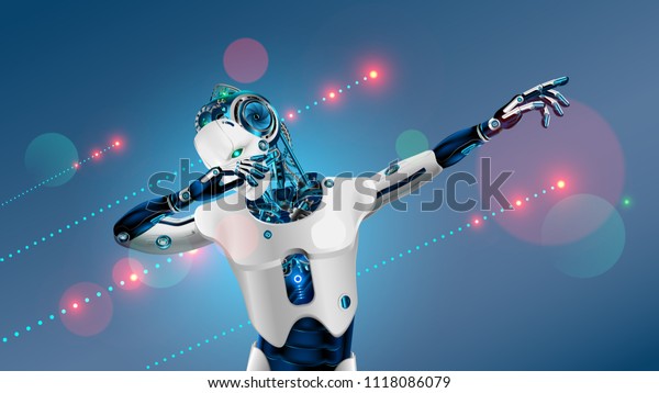 ロボットやサイボーグがパーティーに出る Dabポーズ のandroid ナイトクラブのテクノや電子音楽で人工知能ダンスを踊るサイバネティックの男性 3dロボットは バイオニックな顔 手 体を持つ のベクター画像素材 ロイヤリティフリー