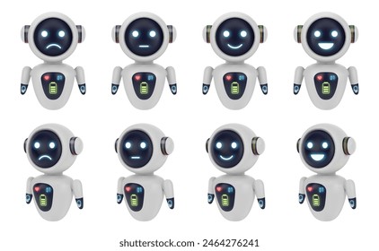 Robot or cyborg with facial expressions of joy happiness and sadness. Vector isolated set of futuristic toys or personal helpers with artificial intelligence. Smiling android with virtual memory