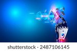 Robot or cyborg hand holds electronic chip or CPU. AI design modern processor. New technology abstract background or banner. Artificial intelligence or AI holds in hand and analysis electronic chip.