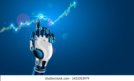 Robot or cyborg hand taps finger on chart of trading data of forex stock exchange. App or software with artificial intelligence analysis business financial information on trade market. Tech Concept.