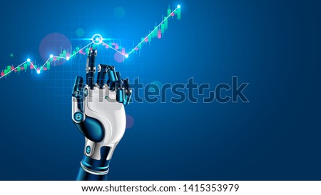 Robot or cyborg hand taps finger on chart of trading data of forex stock exchange. App or software with artificial intelligence analysis business financial information on trade market. Tech Concept.