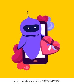 Robot Cyborg Holding Huge Gift Present for Valentine Day,Birthday or Anniversary Holiday.Artificial intellect helps Congratulate. Online Digital Post. Chat Bot Online Shopping.Flat vector illustration