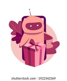 Robot Cyborg con un enorme regalo para San Valentín, cumpleaños o feliz año nuevo y Navidad. El intelecto artificial ayuda a felicitar a los amigos Chats Bot Compra en línea Ilustración vectorial plana