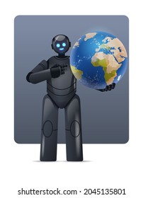 robot cyborg holding planet earth globe modern robotic character artificial intelligence technology concept