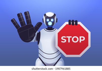 robot cyborg holding red stop sign robotic character showing no entry hand gesture artificial intelligence