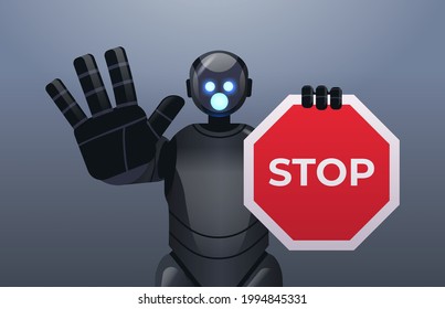 robot cyborg holding red stop sign robotic character showing no entry hand gesture artificial intelligence