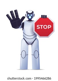 robot cyborg holding red stop sign robotic character showing no entry hand gesture artificial intelligence