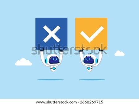 Robot and Cyborg with signs choosing option between yes and no. Choice, problem and decision concept. Flat vector illustration.