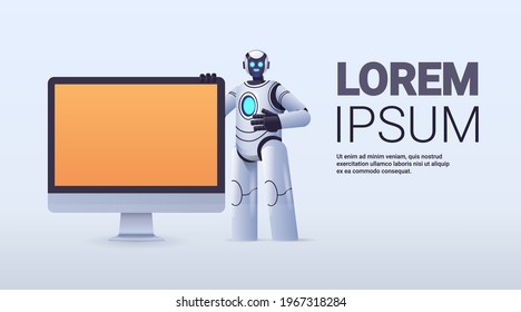 robot cyborg standing near computer monitor robotic character artificial intelligence technology concept
