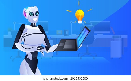 robot cyborg using laptop modern robotic character with bright bulb new project creative idea artificial intelligence