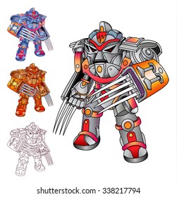 Robot cyborg with weapons in the form of claws. White background. Vector illustration. Coloring book.