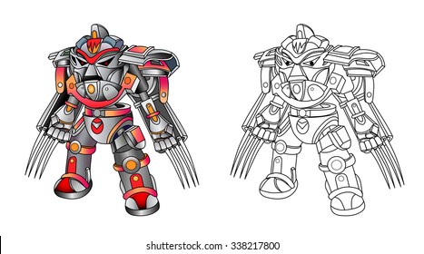 Robot cyborg with weapons in the form of claws. White background. Vector illustration. Coloring book.