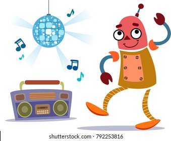 the robot dances. a tape recorder and a disco set. isolated white background. vector illustration. flat.