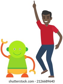 Robot dancing disco with man. Artificial intelligence, development of technology for entertainment. Male character and green robot have fun moving to rhythm of music. Party time, recreation, dance