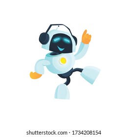 Robot is dancing, listening music, dj. Artificial intelligence, sticker, future, machine learning. Vector cartoon illustration.