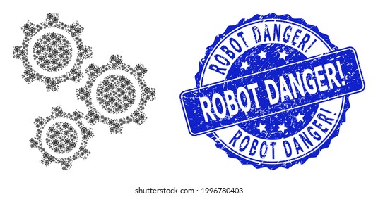 Robot Danger Exclamation corroded round seal imitation and vector recursive composition gears. Blue stamp seal contains Robot Danger Exclamation tag inside round shape. Vector collage is composed of