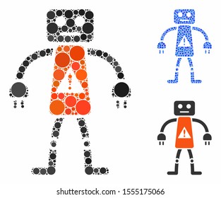 Robot danger mosaic of small circles in variable sizes and shades, based on robot danger icon. Vector small circles are united into blue mosaic. Dotted robot danger icon in usual and blue versions.