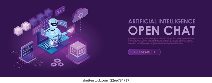 robot data analysis, artificial intelligence isometric concept ,working with robot open chat computer and machine connecting device. 