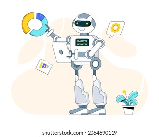 Robot with data chart, flat illustration of robot analysis 