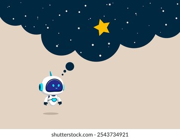 Robot daydreaming of clever solution, ambition and opportunity. Business challenge overcome. Flat vector illustration